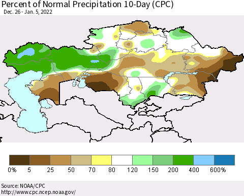 Kazakhstan Percent of Normal Precipitation 10-Day (CPC) Thematic Map For 12/26/2021 - 1/5/2022
