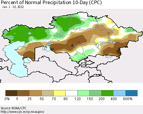 Kazakhstan Percent of Normal Precipitation 10-Day (CPC) Thematic Map For 1/1/2022 - 1/10/2022