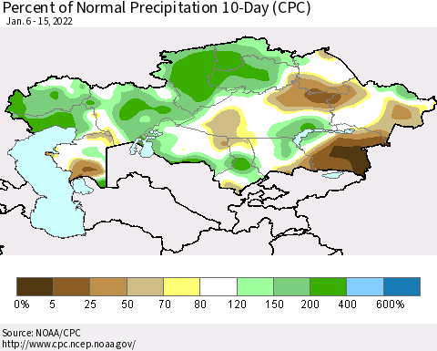 Kazakhstan Percent of Normal Precipitation 10-Day (CPC) Thematic Map For 1/6/2022 - 1/15/2022