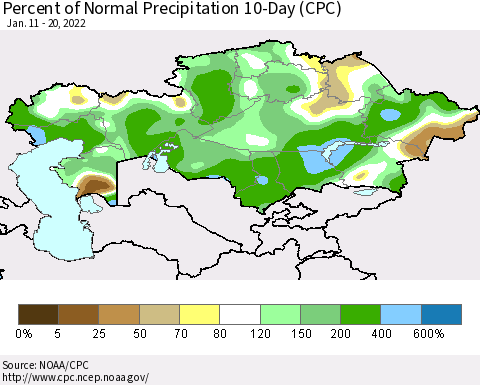 Kazakhstan Percent of Normal Precipitation 10-Day (CPC) Thematic Map For 1/11/2022 - 1/20/2022