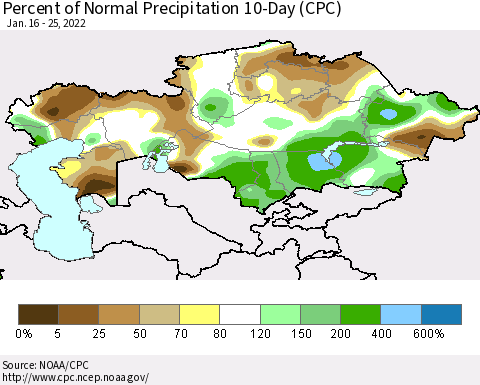 Kazakhstan Percent of Normal Precipitation 10-Day (CPC) Thematic Map For 1/16/2022 - 1/25/2022