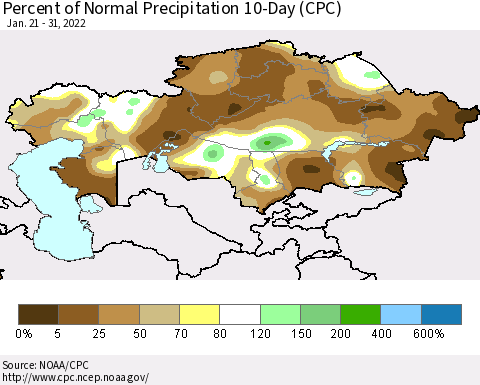 Kazakhstan Percent of Normal Precipitation 10-Day (CPC) Thematic Map For 1/21/2022 - 1/31/2022