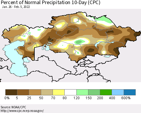 Kazakhstan Percent of Normal Precipitation 10-Day (CPC) Thematic Map For 1/26/2022 - 2/5/2022