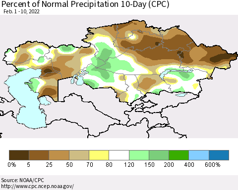 Kazakhstan Percent of Normal Precipitation 10-Day (CPC) Thematic Map For 2/1/2022 - 2/10/2022