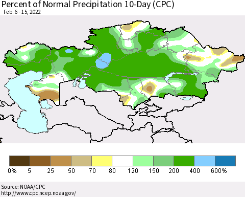 Kazakhstan Percent of Normal Precipitation 10-Day (CPC) Thematic Map For 2/6/2022 - 2/15/2022
