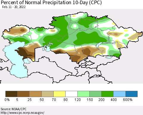 Kazakhstan Percent of Normal Precipitation 10-Day (CPC) Thematic Map For 2/11/2022 - 2/20/2022