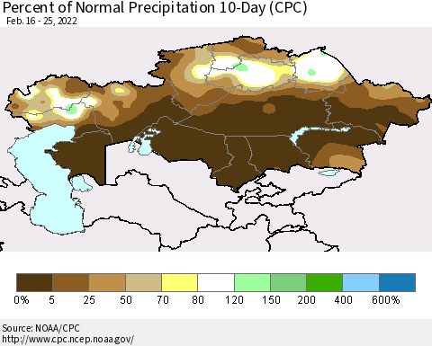 Kazakhstan Percent of Normal Precipitation 10-Day (CPC) Thematic Map For 2/16/2022 - 2/25/2022