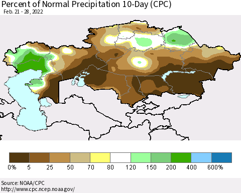 Kazakhstan Percent of Normal Precipitation 10-Day (CPC) Thematic Map For 2/21/2022 - 2/28/2022