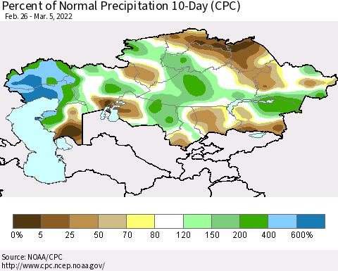 Kazakhstan Percent of Normal Precipitation 10-Day (CPC) Thematic Map For 2/26/2022 - 3/5/2022