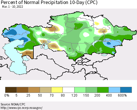 Kazakhstan Percent of Normal Precipitation 10-Day (CPC) Thematic Map For 3/1/2022 - 3/10/2022