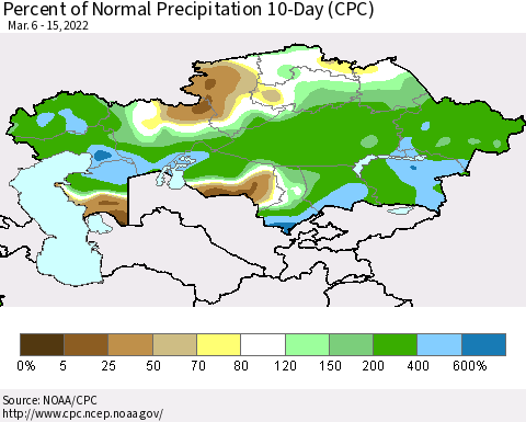 Kazakhstan Percent of Normal Precipitation 10-Day (CPC) Thematic Map For 3/6/2022 - 3/15/2022