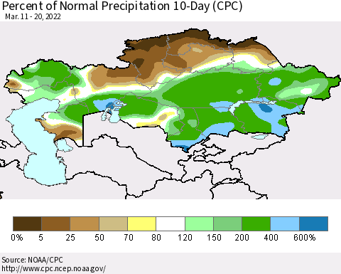 Kazakhstan Percent of Normal Precipitation 10-Day (CPC) Thematic Map For 3/11/2022 - 3/20/2022