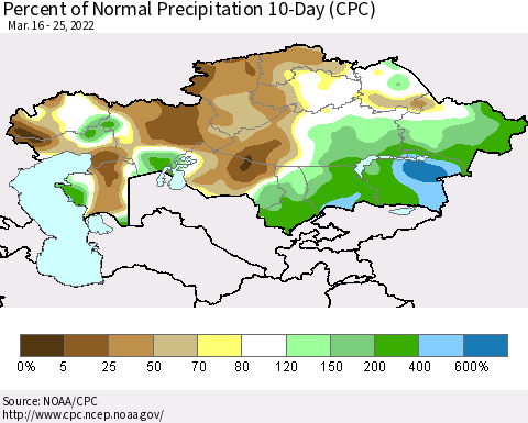 Kazakhstan Percent of Normal Precipitation 10-Day (CPC) Thematic Map For 3/16/2022 - 3/25/2022