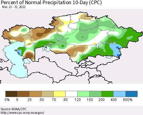 Kazakhstan Percent of Normal Precipitation 10-Day (CPC) Thematic Map For 3/21/2022 - 3/31/2022