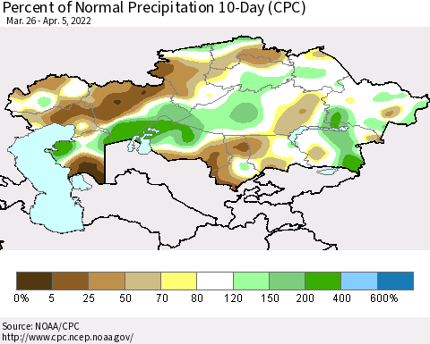 Kazakhstan Percent of Normal Precipitation 10-Day (CPC) Thematic Map For 3/26/2022 - 4/5/2022
