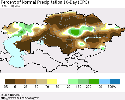 Kazakhstan Percent of Normal Precipitation 10-Day (CPC) Thematic Map For 4/1/2022 - 4/10/2022