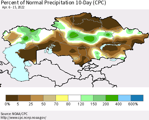 Kazakhstan Percent of Normal Precipitation 10-Day (CPC) Thematic Map For 4/6/2022 - 4/15/2022