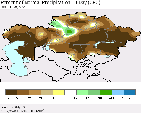 Kazakhstan Percent of Normal Precipitation 10-Day (CPC) Thematic Map For 4/11/2022 - 4/20/2022