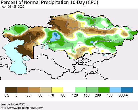 Kazakhstan Percent of Normal Precipitation 10-Day (CPC) Thematic Map For 4/16/2022 - 4/25/2022