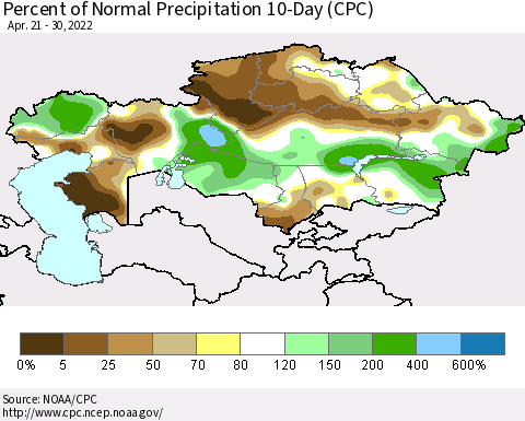 Kazakhstan Percent of Normal Precipitation 10-Day (CPC) Thematic Map For 4/21/2022 - 4/30/2022