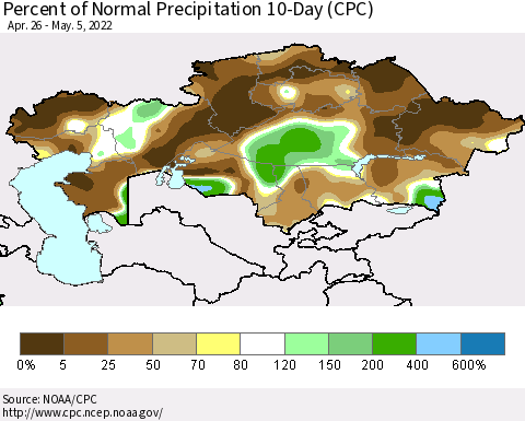 Kazakhstan Percent of Normal Precipitation 10-Day (CPC) Thematic Map For 4/26/2022 - 5/5/2022