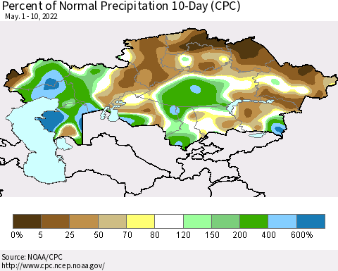 Kazakhstan Percent of Normal Precipitation 10-Day (CPC) Thematic Map For 5/1/2022 - 5/10/2022