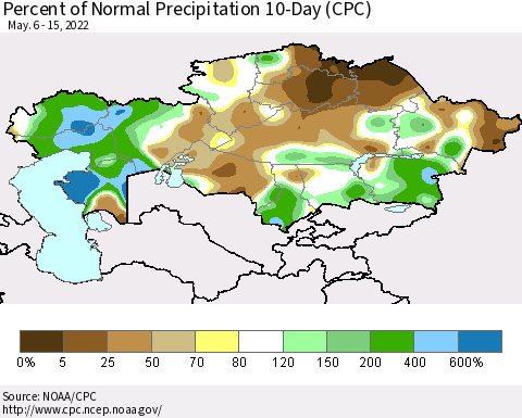 Kazakhstan Percent of Normal Precipitation 10-Day (CPC) Thematic Map For 5/6/2022 - 5/15/2022