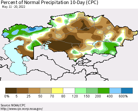 Kazakhstan Percent of Normal Precipitation 10-Day (CPC) Thematic Map For 5/11/2022 - 5/20/2022