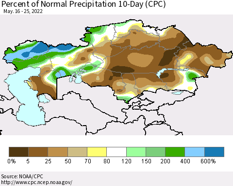 Kazakhstan Percent of Normal Precipitation 10-Day (CPC) Thematic Map For 5/16/2022 - 5/25/2022