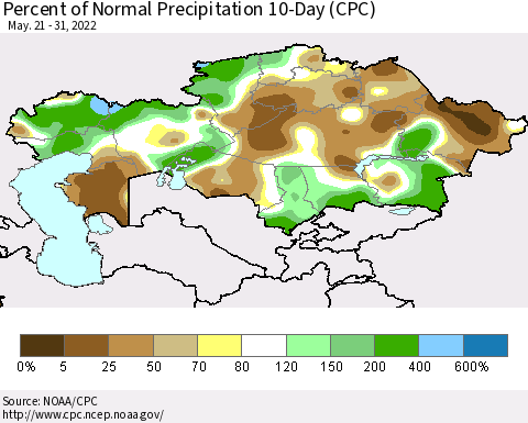 Kazakhstan Percent of Normal Precipitation 10-Day (CPC) Thematic Map For 5/21/2022 - 5/31/2022