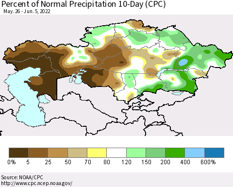 Kazakhstan Percent of Normal Precipitation 10-Day (CPC) Thematic Map For 5/26/2022 - 6/5/2022