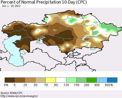 Kazakhstan Percent of Normal Precipitation 10-Day (CPC) Thematic Map For 6/1/2022 - 6/10/2022