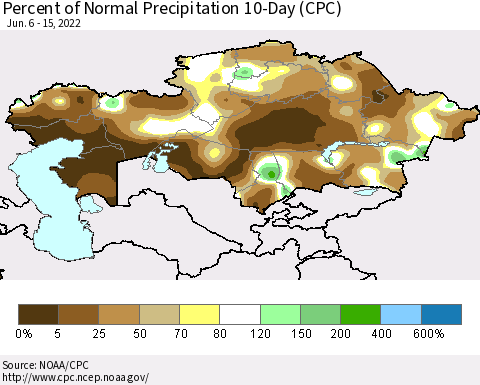 Kazakhstan Percent of Normal Precipitation 10-Day (CPC) Thematic Map For 6/6/2022 - 6/15/2022