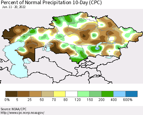 Kazakhstan Percent of Normal Precipitation 10-Day (CPC) Thematic Map For 6/11/2022 - 6/20/2022