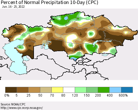 Kazakhstan Percent of Normal Precipitation 10-Day (CPC) Thematic Map For 6/16/2022 - 6/25/2022