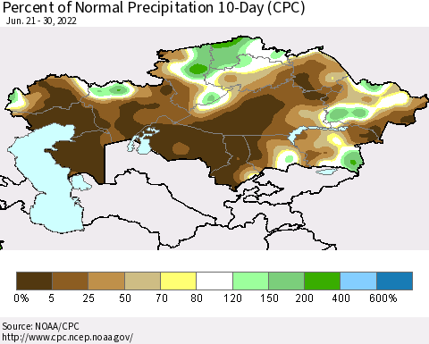 Kazakhstan Percent of Normal Precipitation 10-Day (CPC) Thematic Map For 6/21/2022 - 6/30/2022
