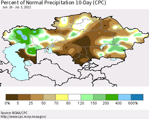 Kazakhstan Percent of Normal Precipitation 10-Day (CPC) Thematic Map For 6/26/2022 - 7/5/2022