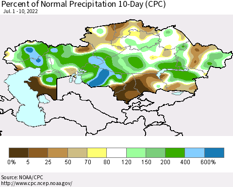 Kazakhstan Percent of Normal Precipitation 10-Day (CPC) Thematic Map For 7/1/2022 - 7/10/2022