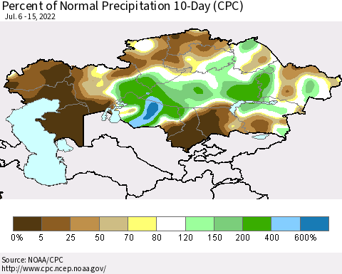 Kazakhstan Percent of Normal Precipitation 10-Day (CPC) Thematic Map For 7/6/2022 - 7/15/2022