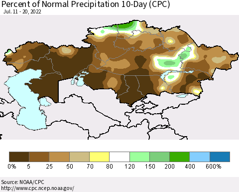 Kazakhstan Percent of Normal Precipitation 10-Day (CPC) Thematic Map For 7/11/2022 - 7/20/2022