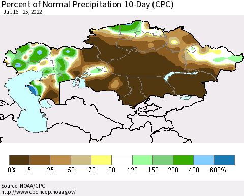 Kazakhstan Percent of Normal Precipitation 10-Day (CPC) Thematic Map For 7/16/2022 - 7/25/2022