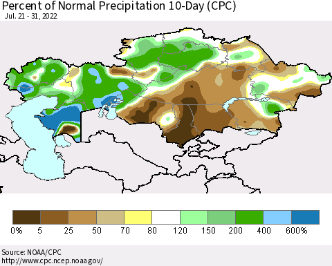 Kazakhstan Percent of Normal Precipitation 10-Day (CPC) Thematic Map For 7/21/2022 - 7/31/2022