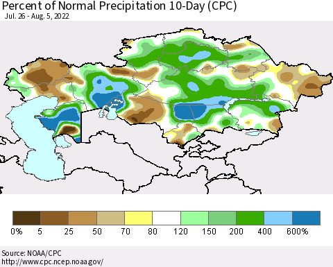 Kazakhstan Percent of Normal Precipitation 10-Day (CPC) Thematic Map For 7/26/2022 - 8/5/2022