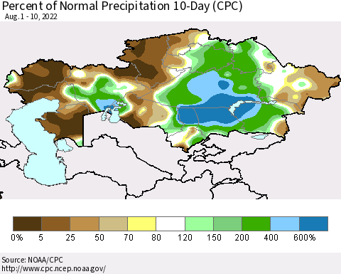 Kazakhstan Percent of Normal Precipitation 10-Day (CPC) Thematic Map For 8/1/2022 - 8/10/2022