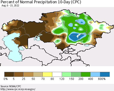 Kazakhstan Percent of Normal Precipitation 10-Day (CPC) Thematic Map For 8/6/2022 - 8/15/2022