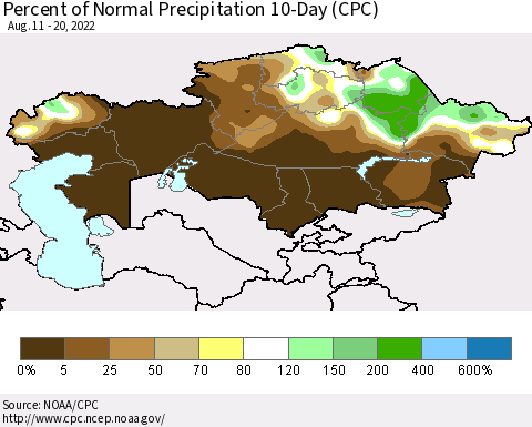 Kazakhstan Percent of Normal Precipitation 10-Day (CPC) Thematic Map For 8/11/2022 - 8/20/2022