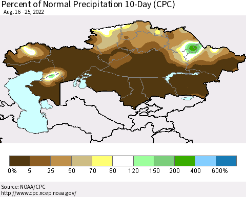 Kazakhstan Percent of Normal Precipitation 10-Day (CPC) Thematic Map For 8/16/2022 - 8/25/2022