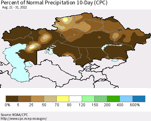 Kazakhstan Percent of Normal Precipitation 10-Day (CPC) Thematic Map For 8/21/2022 - 8/31/2022