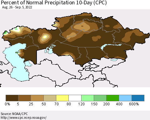 Kazakhstan Percent of Normal Precipitation 10-Day (CPC) Thematic Map For 8/26/2022 - 9/5/2022