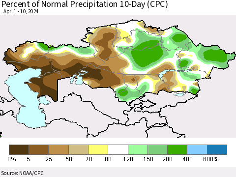 Kazakhstan Percent of Normal Precipitation 10-Day (CPC) Thematic Map For 4/1/2024 - 4/10/2024